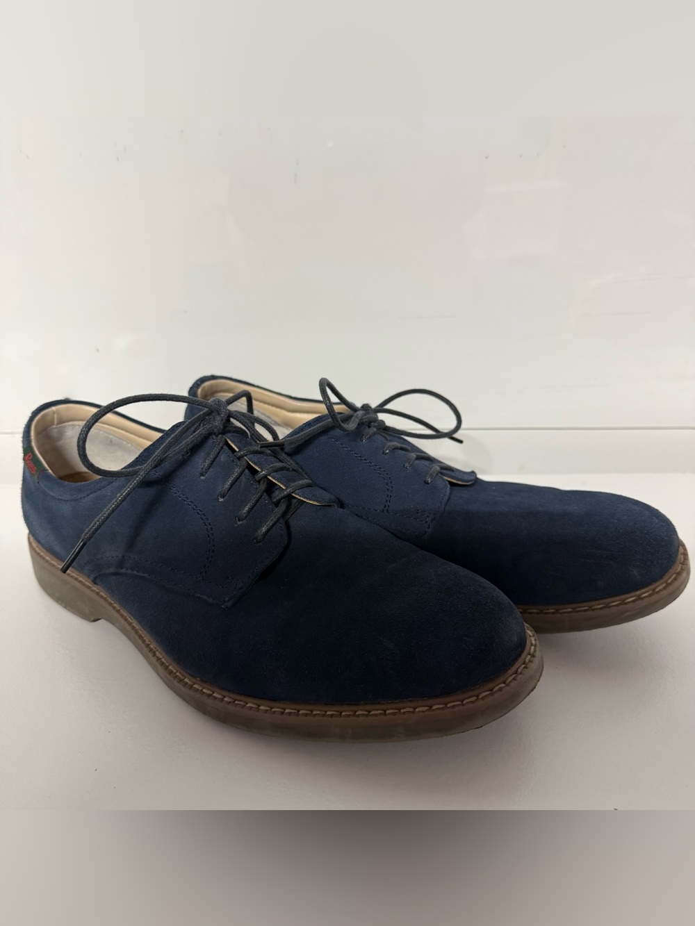 Navy Suede Derby Shoes with Brown Sole